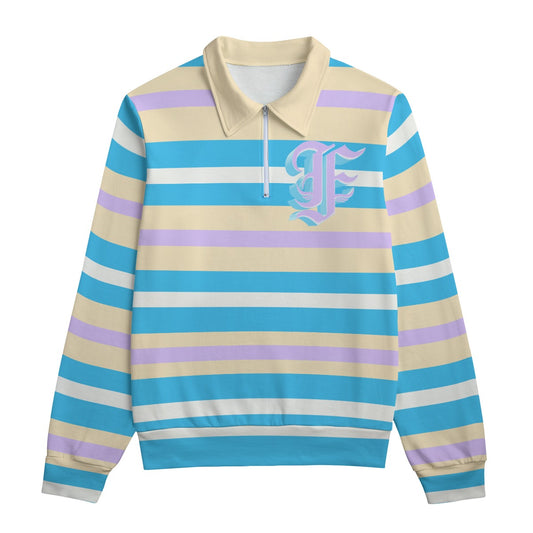 Lavender Cream Striped Heavyweight Zip-Up Polo  | 310GSM Cotton